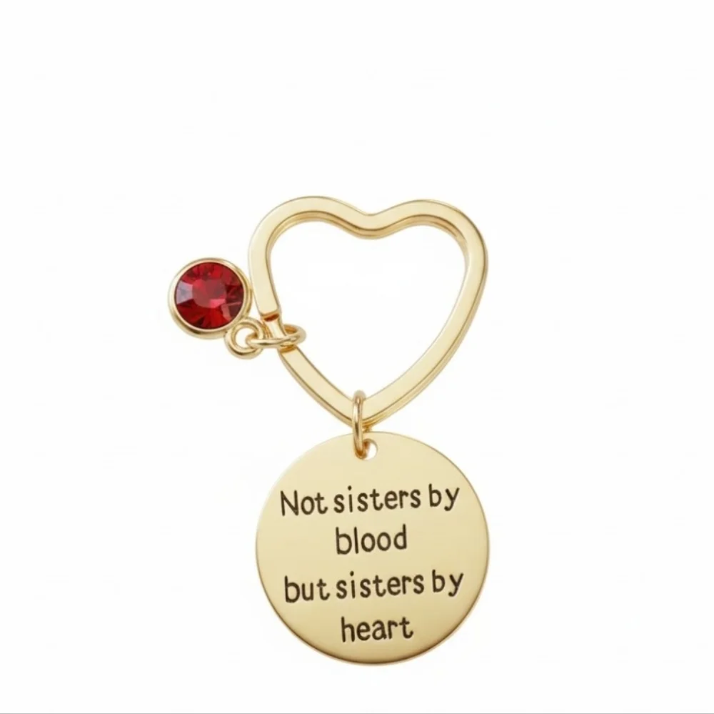 Rose Gold Heart Keyring with Red Crystal and 'Not Sisters by Blood' Tag NIP